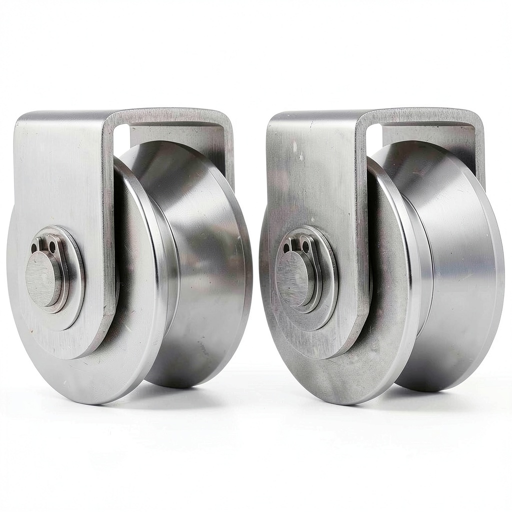 Installing CertBuy 2 Pack 48mm V Groove Wheel Pulley, 304 Stainless Steel Silent Pulley Block, Heavy Duty Caster Wheels Sliding Gate Rollers Pressure Bearing Pulley, Loading 880lb for Handling and Moving on a wooden desk